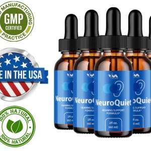NeuroQuiet naturligt høresupplement fremstillet i USA – 6 flasker med GMP- og 100 % naturlige certifikater, målrettet mod danske forbrugere.