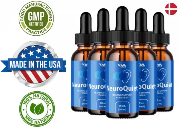 NeuroQuiet naturligt høresupplement fremstillet i USA – 6 flasker med GMP- og 100 % naturlige certifikater, målrettet mod danske forbrugere.